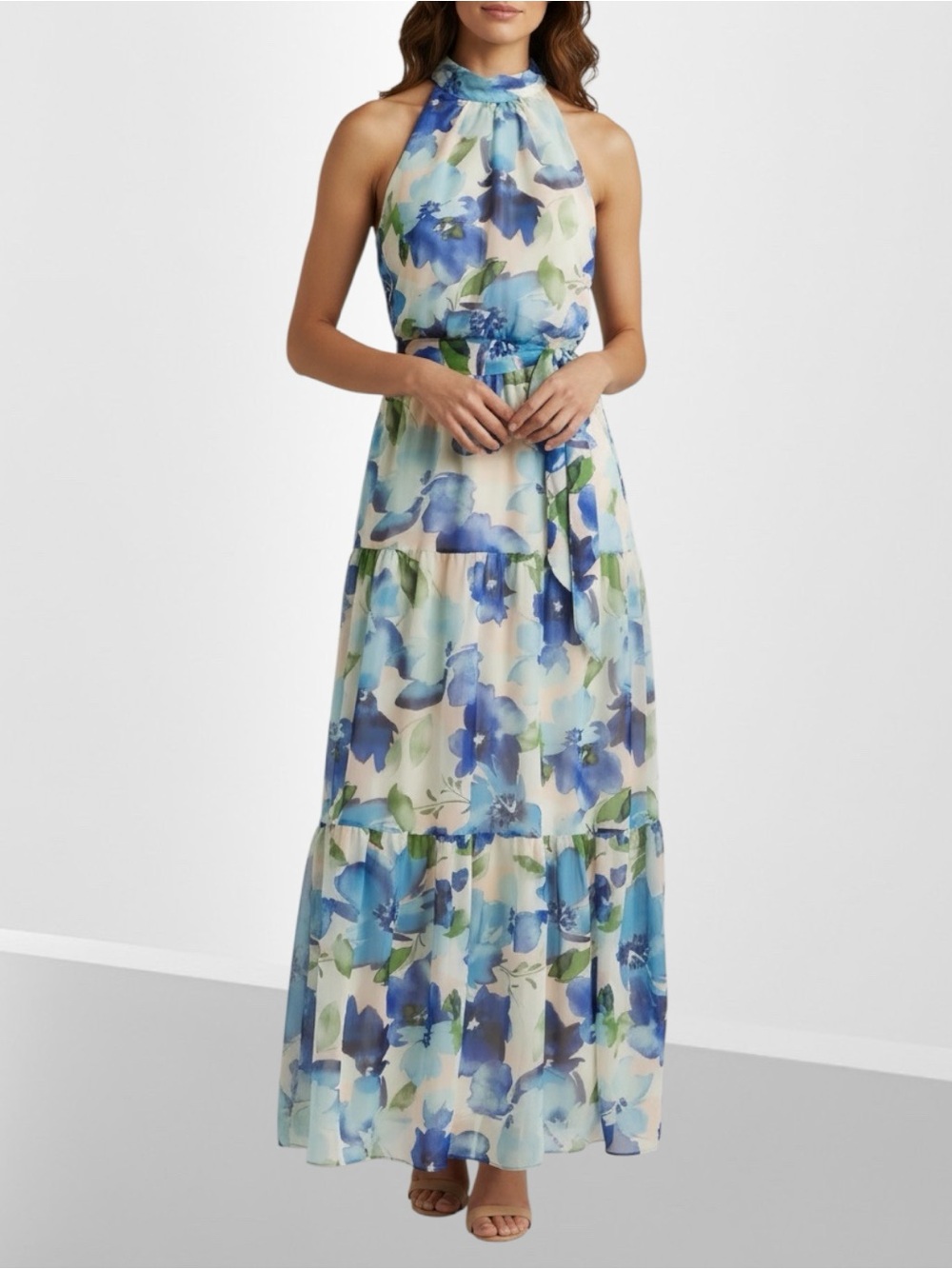 JULIA JORDAN Floral Printed Chiffon Tiered Ruffle Maxi Dress Size 4